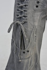 Pantalon cargo en jean déchiré taille haute pour femme, coupe ample, asymétrique, à lacets, style streetwear, longueur intégrale, gris, coton écologique - Product Image 6