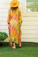 Robe longue droite grande taille pour femme, style kaftan tie-dye, maillot de bain, plage d'été, bohème, abaya, avec fente, col en V, à franges, en viscose
