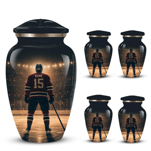 Custom Metal Cremation Urn Adult Ashes <b>Memorial</b> <b>Keepsake</b> Vase with Personalized Hockey Theme - Product Image 5