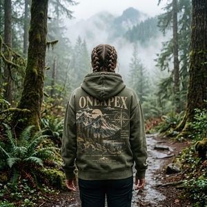 Sweat-shirt à capuche unisexe vert olive, imprimé graphique montagne, coupe oversize, streetwear, coton lourd ONEAPEX - Product Image 5