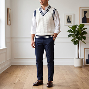 Gilet pull sans manches en tricot extensible 100 % coton, col en V, coupe décontractée, respirant, avec logo personnalisé, pour homme - Product Image 3