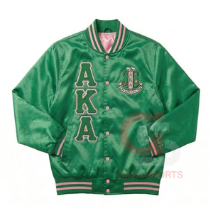 Alpha grec personnalisé |   Kapa |   Veste bomber courte en satin brodée vert rose Alpha AKA Sorority pour femme, style universitaire vintage patchwork - Product Image 1
