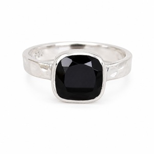 925 Sterling Silver Black Onyx <b>Cushion</b> Ring Handmade Hammered Bohemian <b>Statement</b> Jewelry for Women - Product Image 1