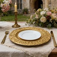 Assiettes de Présentation Dorées en Plastique Durables, Motif Floral Gaufré de Luxe, pour Mariages et Événements – Vente en Gros