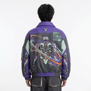 New Trend Streetwear Bomber <b>Jacket</b> Character Print Turn-down Collar Zipper Front Patch Designs Autumn Regular Fit - Product Image 2