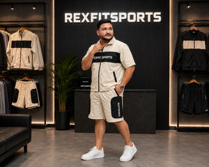 REXFIT SPORTS 2026 Ensemble de survêtement personnalisé pour homme en nylon beige à manches courtes, veste zippée intégrale et short, vêtements de sport sur mesure - Product Image 6