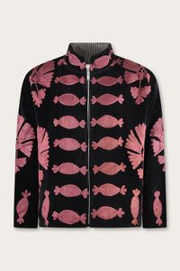 Chaqueta de Terciopelo Negro con Bordado Suzani Rosa, Reversible, Acolchada, Estilo Varsity, Talla XL, Otoño Invierno, Tela Satén, Forro de Algodón - Product Image 3