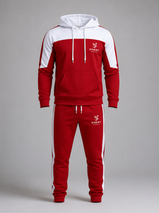 Red White Unisex Winter Casual Printed <b>Tracksuit</b> Hooded Sweatshirt Jogger Pants Side Stripes Custom Logo Sportswear Set - Product Image 1