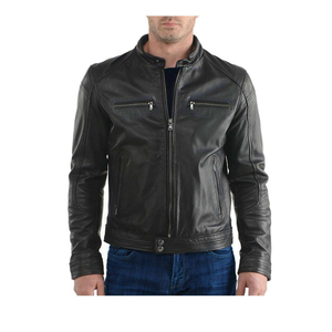 Men's Black PU Leather Biker Jacket <b>Slim</b> Fit Stand Collar <b>Belted</b> Zipper Closure Moto Style Winter Wear Quick Dry Coated - Product Image 3