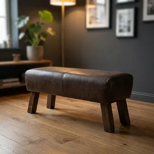 Banc vintage en cuir avec pieds en bois massif, banc de salle à manger rembourré, tabouret ottoman pour entrée - Product Image 1