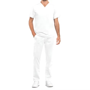 Conjunto de Uniforme Médico para Hombre, Cuello en V, Color Blanco, Manga Corta, Pantalones con Cintura Elástica y Bolsillos, Corte Regular, Color Sólido, para Todas las Temporadas - Product Image 1