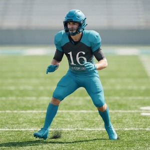 Uniforme de football américain personnalisé pour hommes, maillot bleu et noir, pantalon, casque, gants, chaussures, impression par sublimation, vêtements de sport respirants pour adultes - Product Image 2