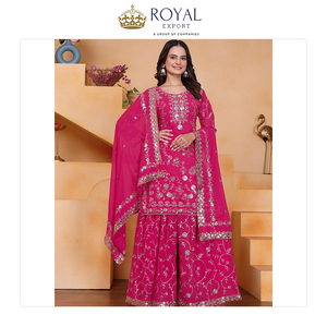 Collection de vêtements indiens de créateurs pour occasions festives, en faux georgette avec broderies de sequins, ensemble sharara, en promotion. - Product Image 4