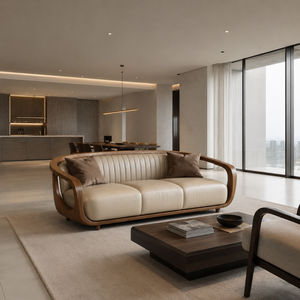 Sofá Moderno de 3 Plazas con Estructura Curva de Madera de Teca Sólida, Sofá Tapizado de Lujo para Sala de Estar, Muebles Premium para Villas, Hoteles y Apartamentos - Product Image 1