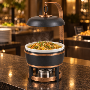 Plat de service rond élégant en cuivre noir, conçu pour la présentation professionnelle des aliments et le service de buffet. - Product Image 2