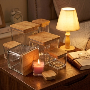 Porte-bougies carrés modernes en verre avec couvercle en <span class=keywords><strong>bois</strong></span>, à suspendre, réutilisables, impression multicolore, livraison rapide, vides - Product Image 6
