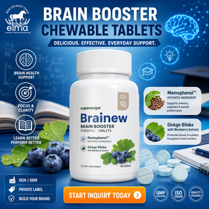 Comprimés à croquer Elma Food Marque Blanche pour stimuler le cerveau : Méphénol, Ginkgo Biloba, Extrait de Myrtille – Améliore la mémoire et le sommeil – Personnalisable - Product Image 1