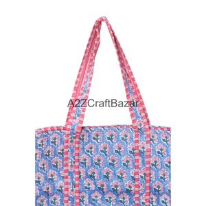 Sac fourre-tout écologique pour femmes, en coton floral imprimé à la main, matelassé, à longues poignées, grand format, style bohème, pour les fêtes et l'usage quotidien - Product Image 2