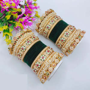 Elegant Bridal Velvet <b>Bangles</b> <b>Set</b> Pota Stone & Pearl Detailing Pearl Bracelets for Women Fine Jewelry - Product Image 1