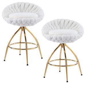 2 Sgabelli da Bar in Velluto Teddy Placcati Oro con Base Cromata, Morbidi e Confortevoli, Stile Intrecciato Bianco per Cantina e Cucina - Product Image 2