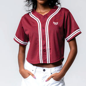 Camiseta de béisbol corta de malla sublimada para mujer al por mayor, con botones frontales y rayas en contraste, top de equipo, ropa deportiva OEM a granel con etiqueta privada - Product Image 4