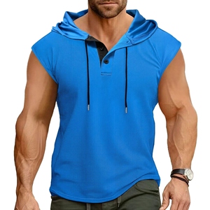 Plain Solid Woven Stylish Hoodies with Pocket Button <b>Design</b> Breathable Superior 100% Cotton Gym Hoodie for Summer Men New - Product Image 6