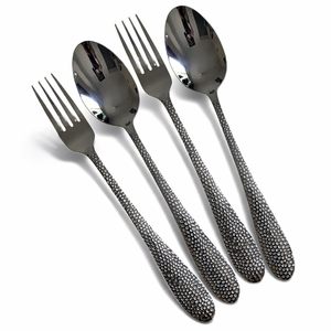 Ensemble de couverts en acier inoxydable poli miroir avec manches martelées, fourchettes et cuillères pour la maison, l'hôtel, le restaurant, les mariages - Product Image 1