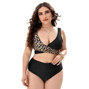 Women's Plus Size Bikini Set <b>Crossed</b> Halter <b>Top</b> Leopard Print High Waist Bottom Contrast Binding Spandex Polyester Stretch - Product Image 3