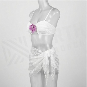 White Bandeau <b>Bikini</b> <b>Set</b> With Lace Wrap <b>Skirt</b> And Orchid Flower Decoration Women's Swimwear 2 Piece Asymmetric Design - Product Image 6