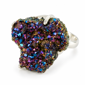 Anillos de Plata de Ley con Druzy de Titanio Estilo Bohemio, con Engaste de Bisel, Hechos a Mano, para Mujer/Unisex, Joyería Artesanal - Product Image 1