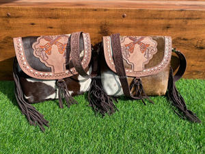 Venta caliente Western Real hecho a mano piel de vaca Tooled Leather Fringe Sling Bag mujeres elegantes ocultas llevar Casual Crossbody Bag - Product Image 4