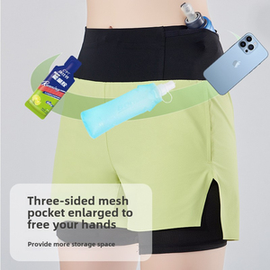 กางเกงขาสั้นกีฬาวิ่งมาราธอนเอวสูงสำหรับผู้หญิง มีกระเป๋าหลัง ไซส์ XL กางเกงโยคะแบบสองชั้นซ้อนทับ กางเกงวิ่งออกกำลังกายป้องกันโป๊ - Product Image 3