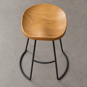 Modern Solid Wood Bar <b>Stool</b> <b>Seat</b> with Black Metal Frame Ergonomic Curved Wooden Top Rustic Industrial Design - Product Image 6