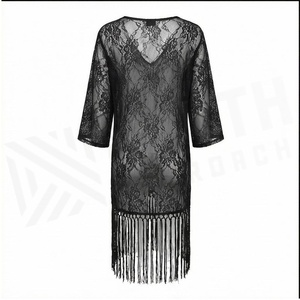 Women Black Lace V-Neck Dress With <b>Fringe</b> Hem Floral Pattern Sheer Overlay Regular Fit 1 Piece Bikinis & Beachwear - Product Image 2