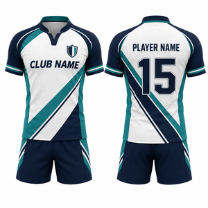 Maillot de rugby MEGAMAPLE sans manches unisexe col en V blanc, bleu marine, vert sarcelle, sublimé, respirant, en polyester, pour joueur adulte avec nom personnalisé - Product Image 1