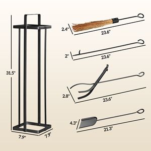 Ensemble de 5 outils de cheminée en métal noir pour intérieur/extérieur avec brosse, balayette, pioche, pelle, pinces et support - Product Image 3