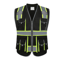 Gilet de sécurité noir haute visibilité avec bandes réfléchissantes et plusieurs poches, vêtements de travail unisexes