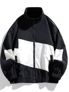 Men's <b>White</b> Navy Color Blocking Racer <b>Jacket</b> Windproof Zipper Closure Sporty Hooded Collar Canvas Front Polyester Autumn Wear - Product Image 4