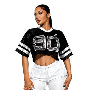Camiseta Deportiva Corta de Malla Transpirable Negra para Mujer, Estilo Fútbol Americano, con Estampado de Número, Manga Corta, para Deporte y Uso Urbano - Product Image 6