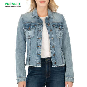 Chaqueta vaquera vintage azul claro para mujer, abrigo informal de mezclilla con dobladillo sin rematar, manga larga, corte ajustado, ropa exterior de moda, estilo urbano. - Product Image 1