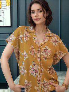 Camisa con estampado floral de viscosa de rayón para mujer, suave y cómoda, de manga corta, informal, para verano, elegante, con botones - Product Image 3