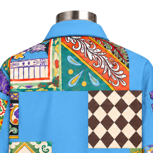 Chaqueta de Trabajo Azul Cielo con Mosaico, Chaqueta Casual con Botones y Parches Florales Multicolores, Estilo Urbano con Bolsillos Funcionales - Product Image 4