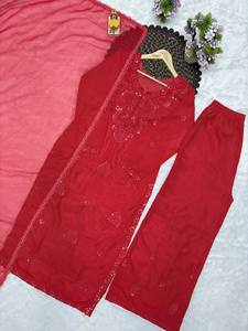 Traje Salwar Kameez Pakistaní Moderno Bordado en Rojo para Mujer, Pantalones Anchos Palazzo, Dupatta de Tela, Diseño Étnico para Fiestas, Todas las Temporadas - Product Image 5