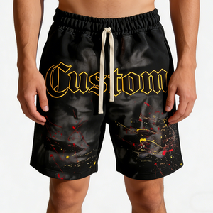 Pantalones Cortos Negros Personalizados para Hombre con Cordón Ajustable, Estampado de Letras Amarillas y Diseño Salpicado, Estilo Casual Urbano - Product Image 1