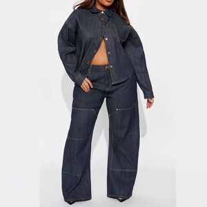 Trendy Elegant Two Piece Cropped Button <b>Fly</b> <b>Jacket</b> Pants Set Casual Unisex Denim Tracksuit Breathable Eco-Friendly Autumn - Product Image 3