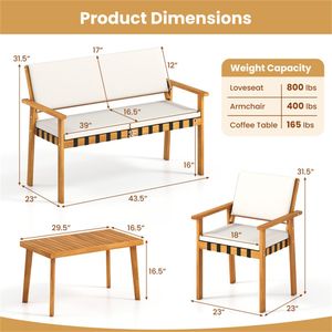Set di Mobili da Esterno in Legno di Acacia a 4 Pezzi per Patio e Giardino, Divanetto, Poltrone, Tavolino da Caffè, Cuscini Morbidi, Set Elegante - Product Image 6