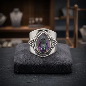 Bague Cocktail Unisexe en Argent 925 Style Bohème avec Topaze Mystique Sertie en Bezel, Forme Goutte d'Eau, Idéale au Quotidien - Product Image 4