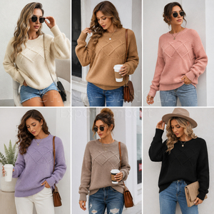 Suéter de punto de cuello redondo de color liso para mujer, manga larga, informal, con gorro, 100% acrílico, cálido, excedente, venta al por mayor OEM - Product Image 3