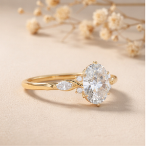 Oval Cut Moissanite Engagement Ring 14K/18K Gold Leaf Side <b>Stones</b> Rhodium Plated Prong & Pave Setting Bridal Wedding Ring - Product Image 2