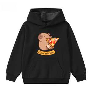 Sudadera con capucha estilo cómodo para mujer con estampado de oso de dibujos animados y pizza, con bolsillo canguro, corte regular, sudadera de otoño, 100% algodón tejido. - Product Image 4